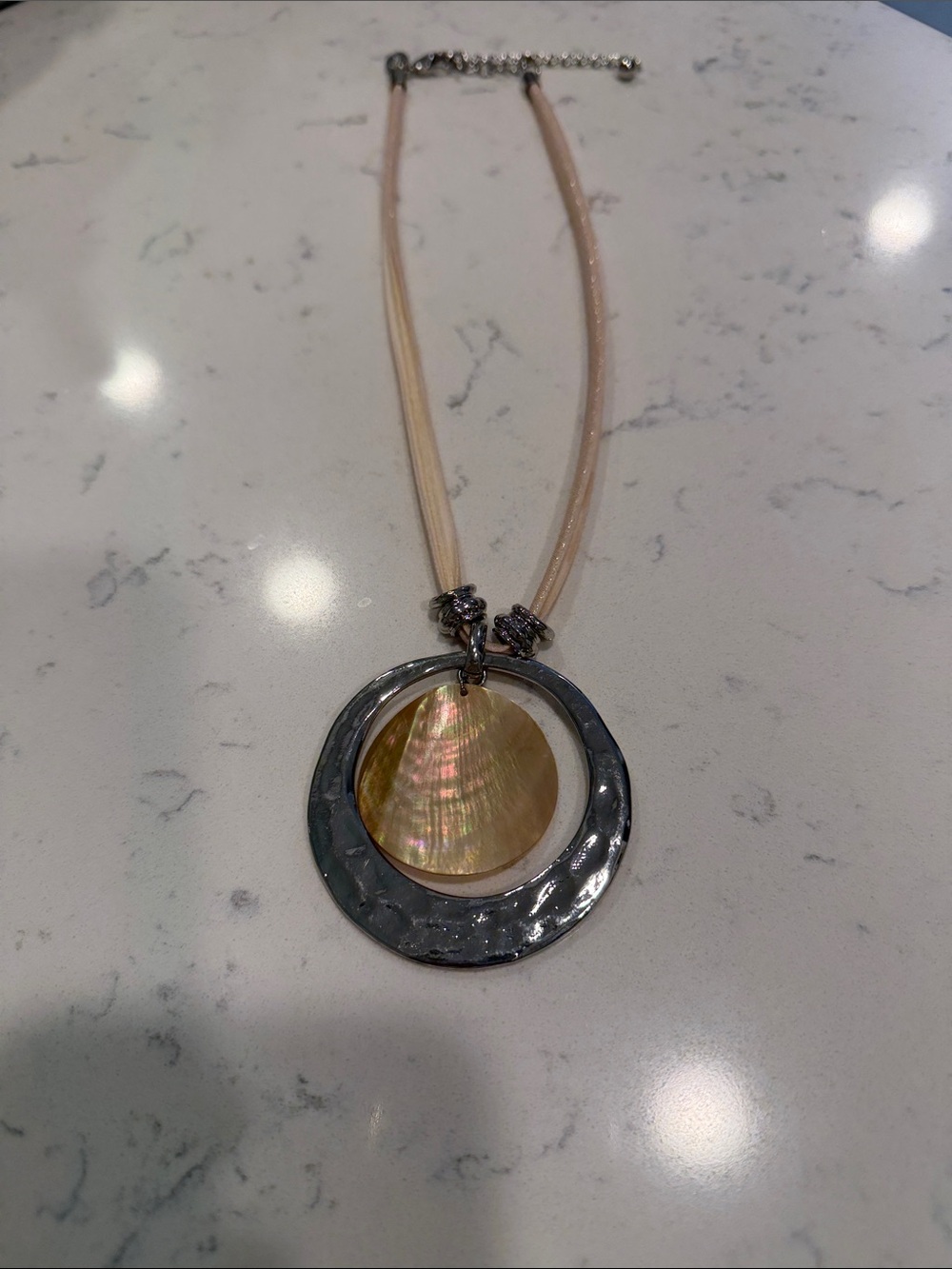 Chico's Silver Hoop Necklace with Iridescent Shell Disc on Nude Cord